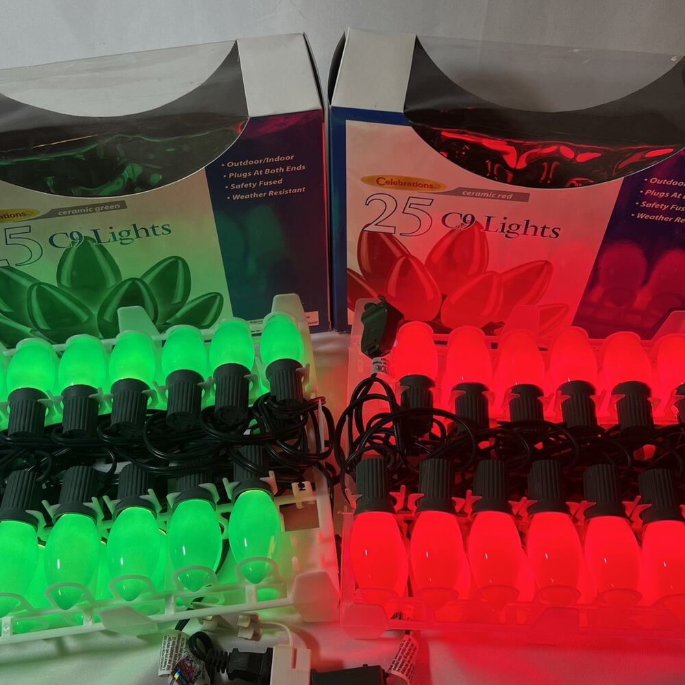 Vintage NEW C9 String Lights Green & Red Incandescent Ceramic Bulbs Ace Hardware